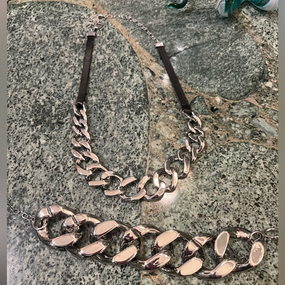 Silver and Black thick Chain Necklace/Choker & Bracelet